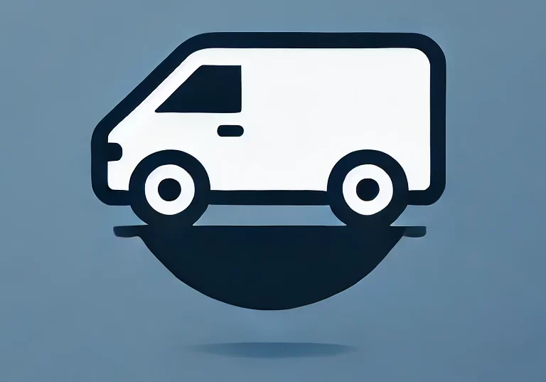 A simple and clean site icon design featuring a white van on a blue background. The van should have minimal details to keep the icon recognizable at s